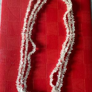 BEAUTIFUL 3 STRAND RUFF CUT AQUAMARINE NECKLACE. WITH 10KT YG CLASP